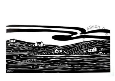 Alison Deegan AD08 'View Across Bagh Thiarabhage, Barra' Lino print 40x30cm mounted but unframed £35