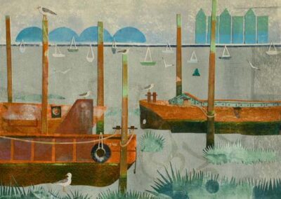 Alison Deegan AD12 'Upnor hulks' Lino print collage 1of1 40x40cm mounted but unframed £75