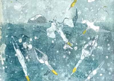 Alison Deegan AD39 'Gannets at Bass Rock' Monoprint collage 49x39 framed to 53x43cm £200lr