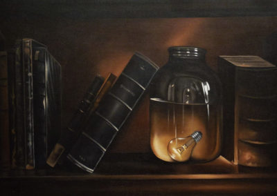 Amy Charlesworth AC026 'BOOKS, A JAR AND A LIGHTBULB, MAKE OF IT WHAT YOU WILL' 82.5x52.5 £200