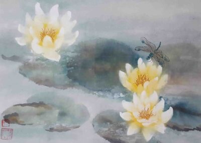 Anne Allan AA06 'Dragonfly on Water Lilies' Chinese brush painting colours and ink 29x16in £175