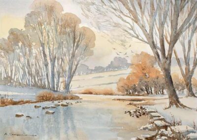 Arthur Craven 1934-2013 ACR17 'Winter Sun on the River Skirfare at Litton, Littondale, North Yorks' Watercolour 35x22cm mounted to51x40.5cm £150