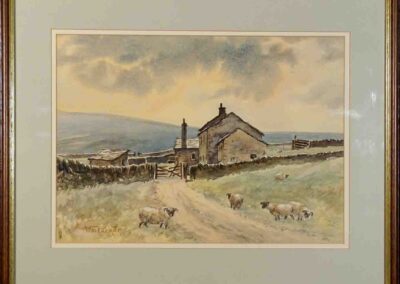 Bill Parker WP01 Farmhouse near Stanbury. Watercolour 36x26 framed to 49x40cm Sold