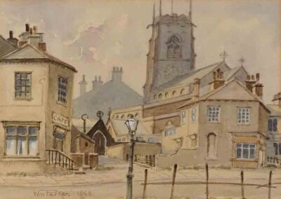 Bill Parker WP02 Keighley Parish Church. Watercolour 18x13 framed to 29x24cm pic only Sold