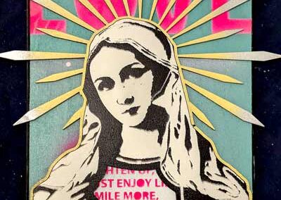 Bonehead BH050 Love Mary with halo and text. Laser cut and stencil art 25x36cm £45