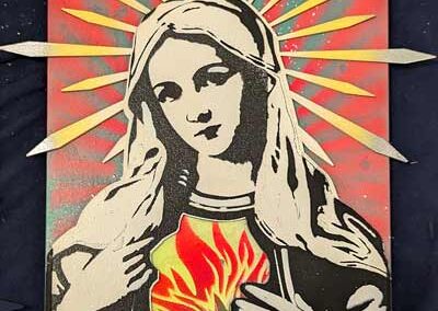 Bonehead BH051 Love Mary with halo and fire. Laser cut and stencil art 25x36cm £45