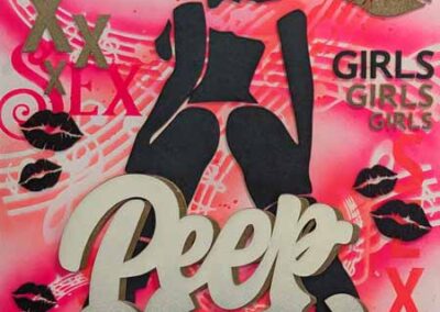 Bonehead BH052 Peep show black on pink. Laser cut and stencil art 50x73cm £180