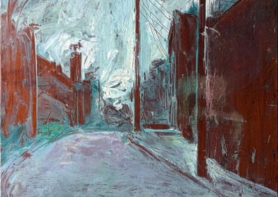 Denise Rooum DR09 'Blue Street Scene' 1968 Oil on board 36x58cm £120