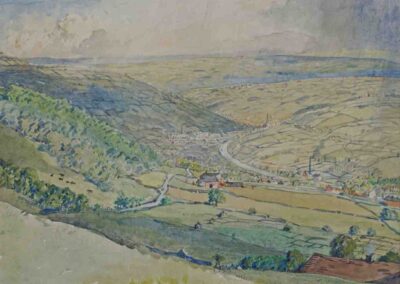 Fred Cecil Jones FCJ02 'Panoramic Landscape with Winding Road, Cottages and Wooded Hills' Watercolour 15.5x13in lr £300