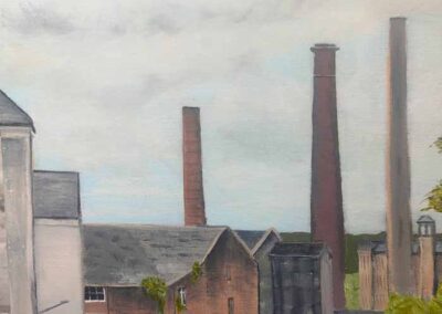 Ian Burdall IB20 'Shipley Chimneys' oil on board 30x30cm framed to 46x46cm £220lr