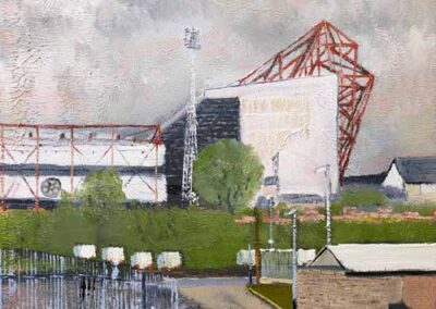 Ian Burdall IB22 'Midland Road Take Me Home. Valley Parade' oil on canvas 30x30cm framed to 34x34cm £95