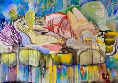 Jane Fielder JF262G 'Go with the Flow - Halena and Sarah on the Rockery' watercolour and acrylic ink 115 x 85.5 cm.lr