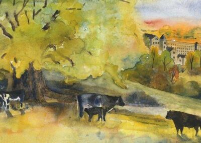 Jane Fielder JF345JS 'Contented Cows Bingley from Slenningford road'. Limited Edition Giclee Available to order: Framed to 174cm wide £398, mounted £250, unmounted £198