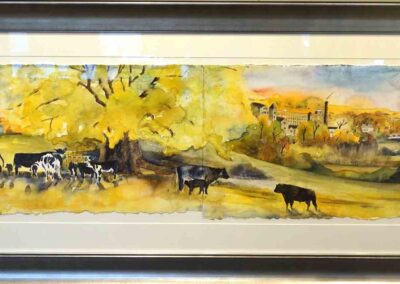 Jane Fielder JF345JS Contented Cows Bingley from Slenningford road. original watercolour on Deckle Edged Watercolour Paper. Framed to 174x55cm £1900