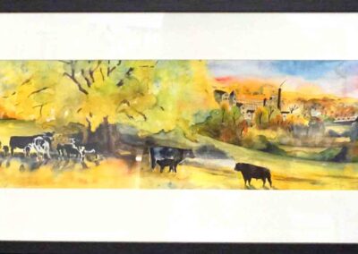 Jane Fielder JF345JSAP3 'Contented Cows Bingley from Slenningford road'.Hand embellished Ltd Edn Giclee Printframed to 123x38cm Available to order: framed £298,  mounted £150, unmounted £98