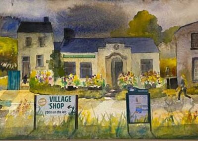 Jane Fielder JF381JS The Patient Cat, the Dog Walker and Whites on the Line , East Morton' watercolour 99x53cmlr