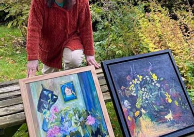 Jane Fielder with two of her garden-inspired artworks