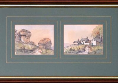 John Butterfield 1913-97 JBD07 'Cow and calf and White Wells' pen and watercolour each3x4in framed to £60