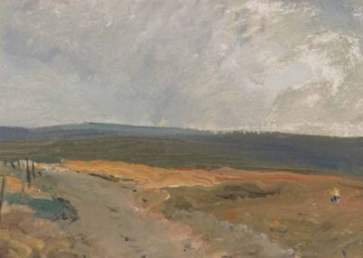 Joseph Pighills 1901-84 JP25 'Moorland Road, Bronte Country' oil on paper 24x12cm framed to 40x227cm SOLD