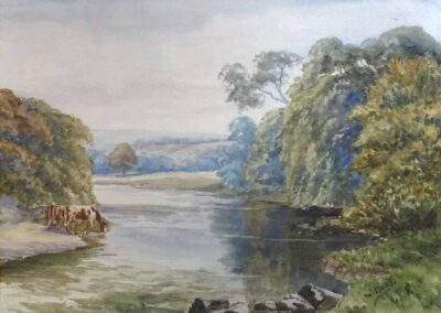 Joseph West (1881–1958) JOW02 Landscape with River watercolour 35x16cm sold