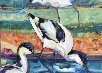 Josie Barraclough JB28 'Avocets' Oil and media 50x50cm £350