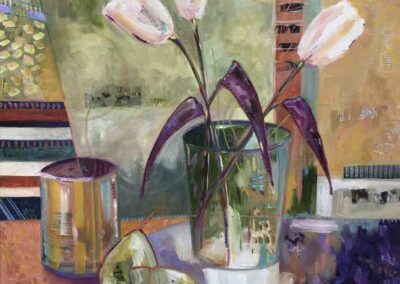 Josie Barraclough JB30 'Still Life with Tulips' Oil and mixed media 60x60cm SOLD