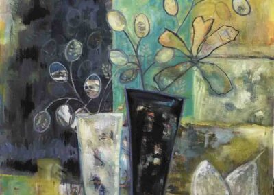 Josie Barraclough JB31 'Still Life with Honesty' Oil and mixed media 50x50cm £300