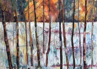 Josie Barraclough JB54 'Trees at Golden Acre Park' Oil mixed media 50x50cm SOLD