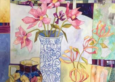 Josie Barraclough JB62 'Jug with Honeysuckle and Cosmos' 60x60cm OilMixed Media £400