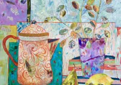 Josie Barraclough JB65 'Coffee Pot & Honesty' 60x60cm Acrylic Mixed Media £400