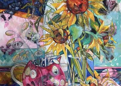 Josie Barraclough JB69 'Still Life with Sunflowers'  Oil and Mixed Media 84x60cm. SOLD
