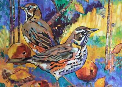 Josie Barraclough JB73 'Autumn Thrush' 60x60cm Oil and Mixed Media £400