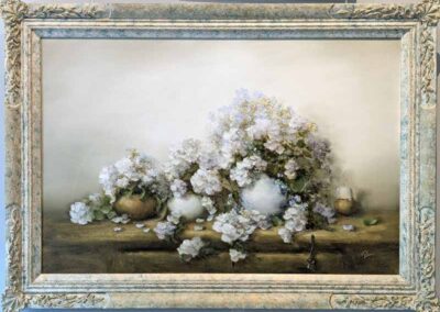 Judith Levin JL83 'Still life with White and Blue-Flowers' 1989 oil on canvas 30x20in framed to 35x25in £650 lr