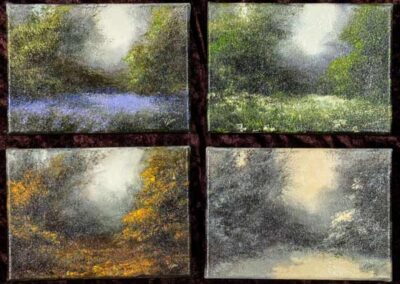 Judith Levin JL84 'Meadow in the Clearing Four Seasons' 4x oil on canvas 5x7in £400