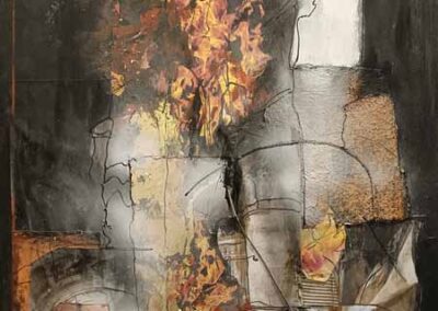 Judy Sale JSA05 'Fire and Ice,' Acrylic, gold leaf, collage and dried twigs on canvas. 2025, 84 x 60cms. £895