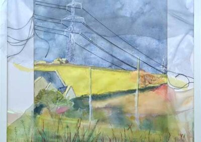 Kate Stewart KS27 'Pylon' Watercolour and fabric. Framed to 72x52cm £180