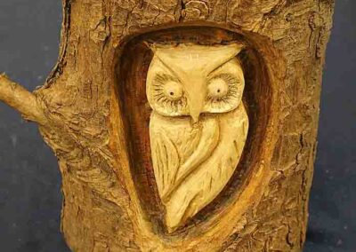 L Amy Charlesworth AC113. 'Owl Log' Wood carving SOLD