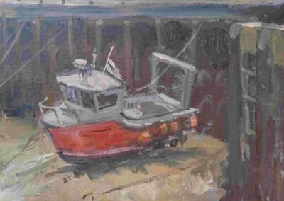 Louise Garrett LG33 'Red Boat at Bridlington' Oil on Panel 7x9.5in unframed £120