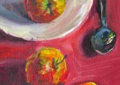 Louise Garrett LG37 'Three Apples and a spoon and plate' Oil on paper 8x6in framed £90