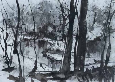 Louise Garrett LG46 'Ellar Carr Mill Pond in the Winter.Ink and charcoal Drawing on paper 27x20cm framed to 43x33cm £180lr