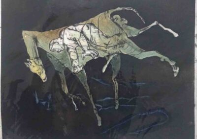 Mike Moor MM14 'Brzeska's Wrestler and His Horse Afloat Above The Sleeping Town' etching drypoint and watercolour unframed £175