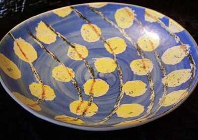 Nina Wright NW09 Large ceramic bowl yellow blobs on blue- £100