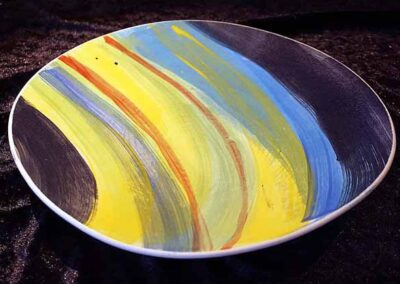 Nina Wright NW13 ceramic platter yellow and blue on darker £85