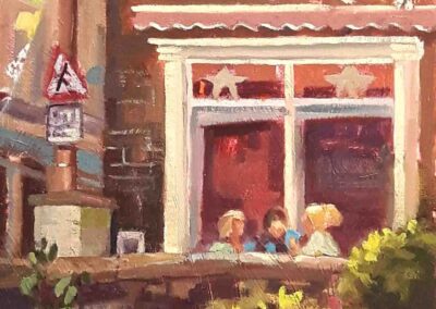 Pam Bumby PB03 'The Old Post Office Cafe, Silsden' oil on board 10x8in £240