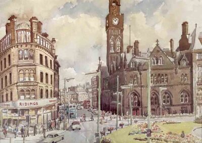 Percy Monkman 1892-1986 PM08 City Hall Square, Bradford 1959 print_lr Framed to 64x51 £190. Unframed £120