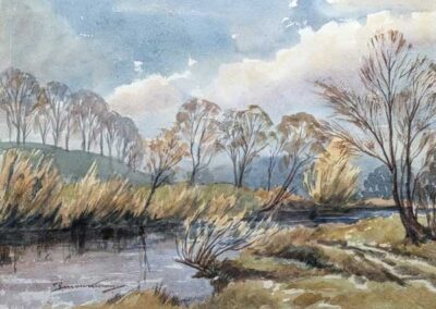 Percy Monkman 1892-1986 PM22 'Aire Riverside near Esholt' watercolour 59x36cm framed to 68x55cm £160