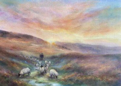 Rachel Hinds CA34' The Shepherd; Bringing the Flock Down Ilkley Moor' oil on box canvas 30x30cm _£180