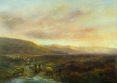 Rachel Hinds CA36 'Sheep on Ilkley Moor' oil on canvas 30x40cm framed to 33x42cm_£250