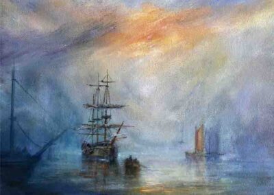 Rachel Hinds CA38 'Frigate in the Mist' oil on box canvas 30x40cm £180