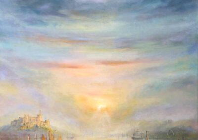 Rachel Hinds CA40 'Sunset Boats Offshore from a Castle' 76x76cm £350